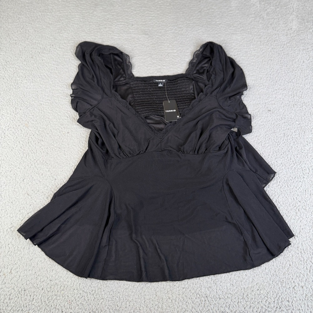 Torrid Top Womens 1X Black Stretch Mesh V-Neck Flutter Sleeve Fit & Flare